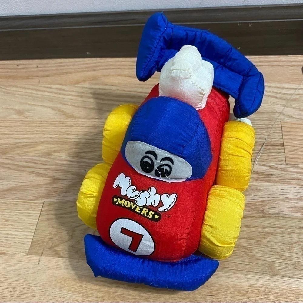 Mushy Mover Vintage Nylon Race Car Blue Red Plush